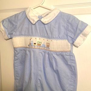 Boys Blue/White Romper with Smocked Train. Size 12M.